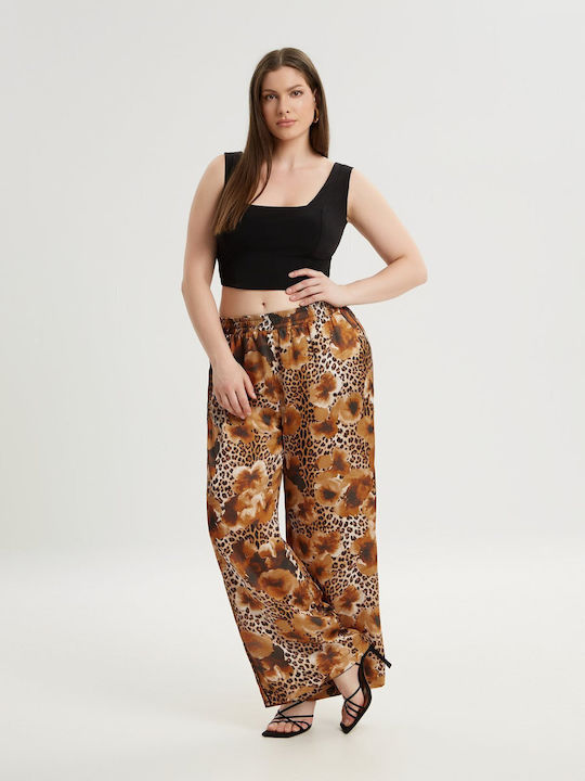 Mat Fashion Women's Satin Trousers with Elastic Leopard Brown