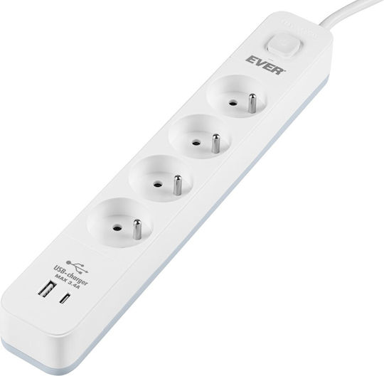Ever Power Strip with Surge Protection 4 Positions with USB-A, USB-C and Cable 1.5m