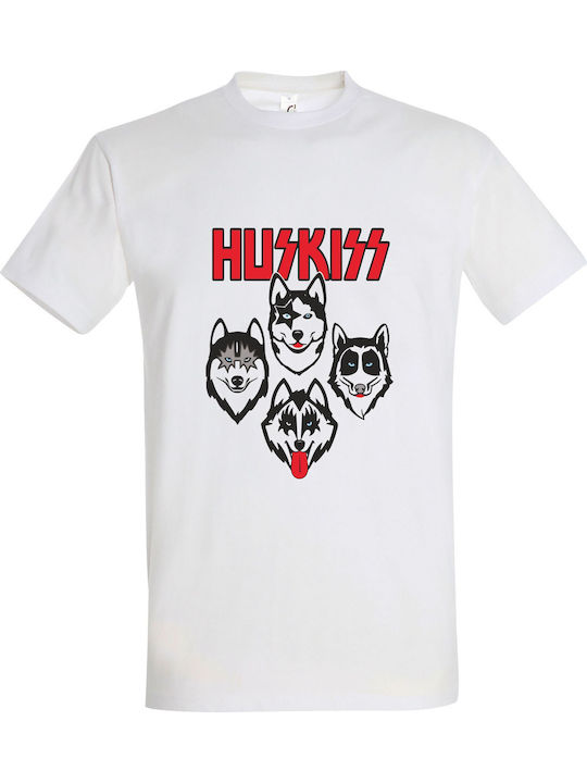 T-shirt Unisex " Huskiss Funny Dogs Kiss Rock Rockin Gift Husky Lover " White