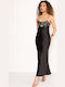 Rochie Maxi Satinată Cu Bretele Paiete Negre Negre