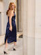 Rock Club Midi Dress Satin Draped with Slit Dark blue