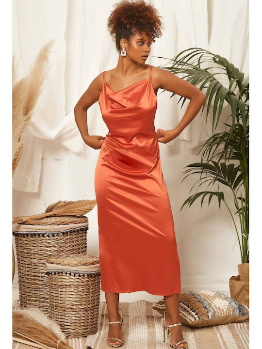 Rock Club Midi Dress Satin Draped with Slit Orange