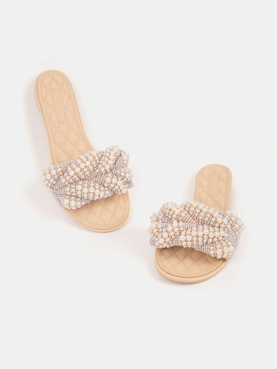 Women's Flat Sandals with Pearl Beads Beige Beige