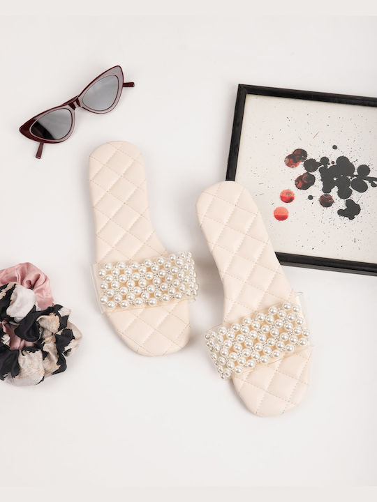 Flat Sandals with Decorative Pearls White