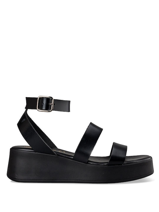 Envie Shoes Leather Women's Flat Sandals with Strap Flatforms in Black Color