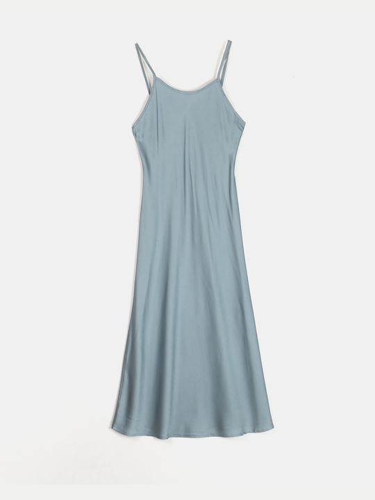 Midi Satin Nightgown with Straps in Light Blue