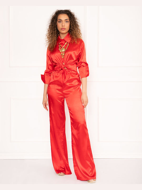 Red Satin Shirt and Trousers Set