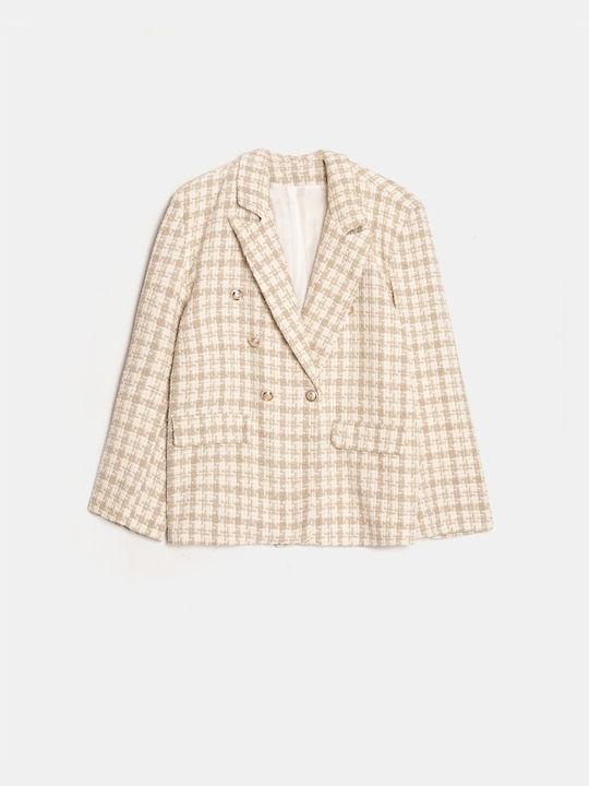 Beige Plaid Blazer with Silver Buttons