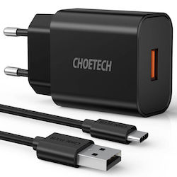 Choetech Ladegerät mit USB-A Anschluss und Kabel USB-C 18W Schnellaufladung 2.0 / Schnellaufladung 3.0 Schwarzs