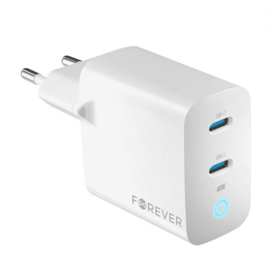 Forever Φορτιστής Χωρίς Καλώδιο GaN με 2 Θύρες USB-C 40W Power Delivery Λευκός (TC-06-40CC)