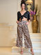 High-waisted Satin Animal Print Trousers