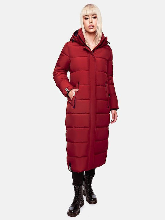 Navahoo Women's Long Puffer Jacket for Winter with Hood Blood Red