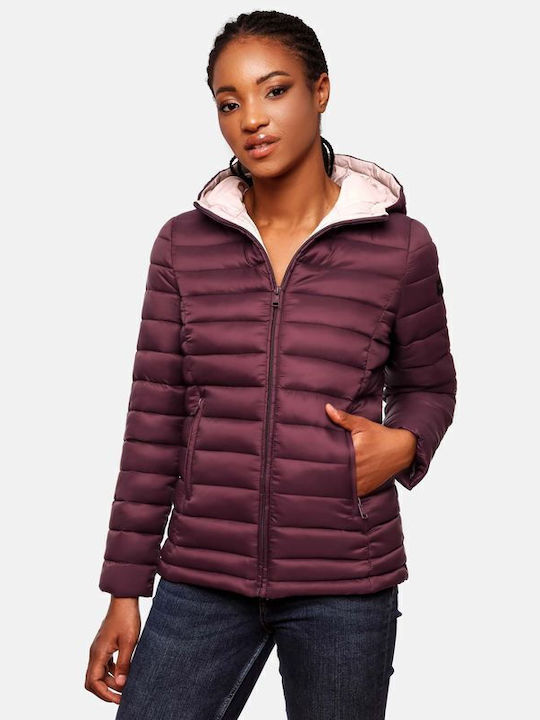 Marikoo Women's Short Puffer Leather Jacket for Spring or Autumn with Hood Wine