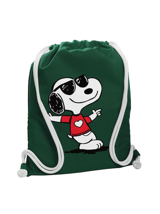 Rucsac sportiv Snoopy inimă, geantă de sală, buzunar verde sticla, 40x48cm și șnururi albe groase