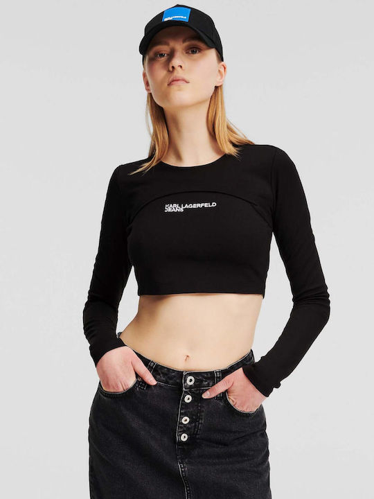 Karl Lagerfeld Damen Sommer Crop Top Langarm Schwarz