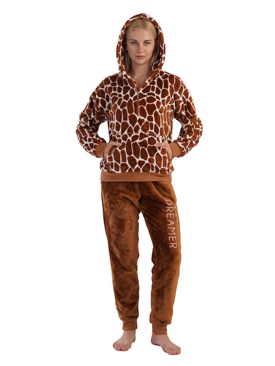 Vienetta Women's Winter Curly Pyjamas "born A Dreamer" Hood-305123 Brown