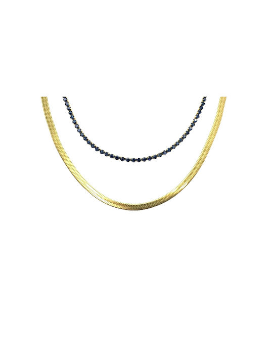 Steel Necklace Double Chain Snake Blue Braid Gold 37cm 1pc