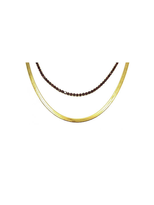 Steel Necklace Double Chain Snake Bordeaux Braid Gold 37cm 1pc