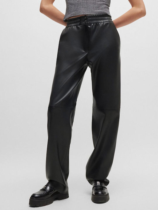 Hugo Boss Women's Leather Trousers in Relaxed Fit Black