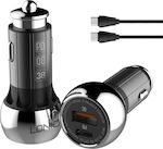 Ldnio Car Charger Black Fast Charging with Ports: 1xUSB 1xType-C with Cable Type-C
