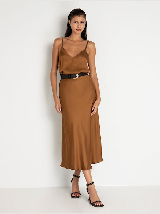 Toi&Moi Satin High Waist Midi Skirt Camel