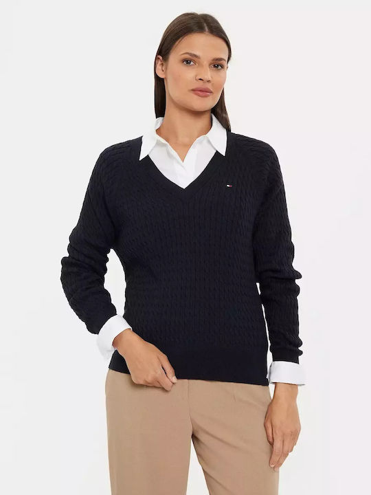 Tommy Hilfiger Cable Women's Sweater Cotton with V Neckline Blue