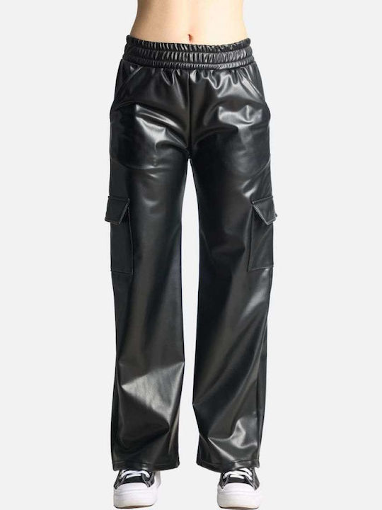 Women's Fabric Cargo Trousers with Elastic Loose Fit Black