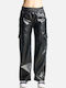 Women's Fabric Cargo Trousers with Elastic Loose Fit Black