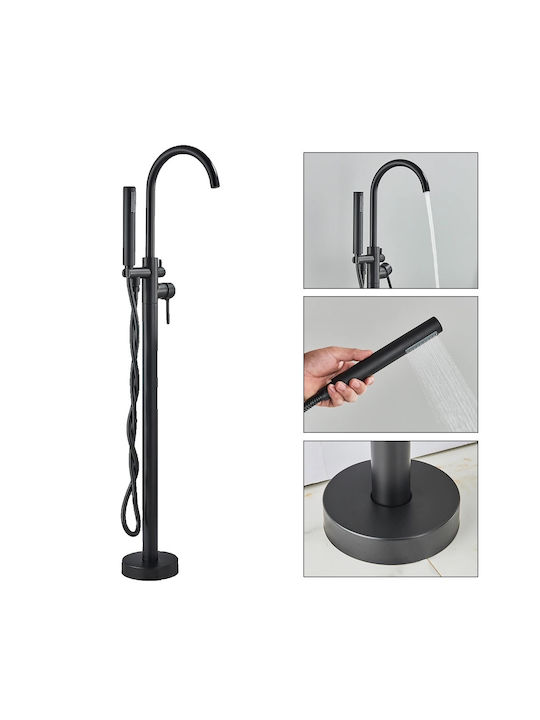 Floor Mounted Bathtub Shower Faucet Dual Handle Freestanding Swivel Spout Matte Black A
