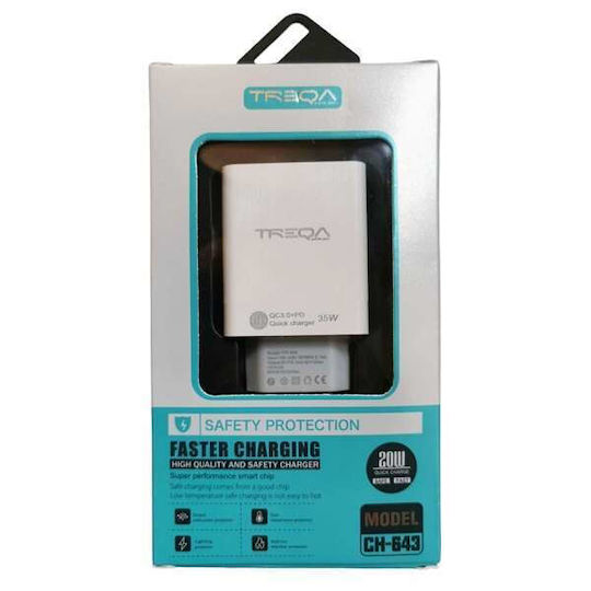 Treqa Ladegerät ohne Kabel mit USB-A Anschluss und USB-C Anschluss 35W Schnellaufladung 3.0 Weißs (CH-643)