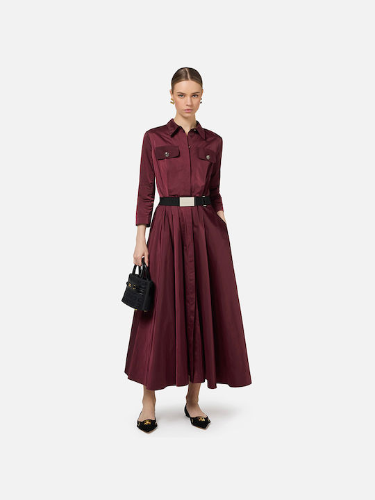 Long Burgundy Semi-Sheer Dress with Belt