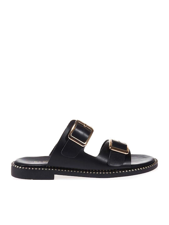 Women's Leather Flat Sandal with Buckles Black