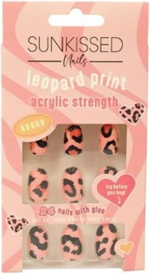 Round False Nails Set Sunkissed Leopard Print 24 Pieces Glue Included