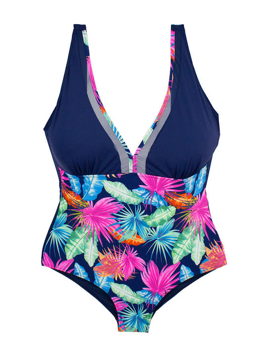 Plus size Ολόσωμο Μαγιό για Μεγάλο Στήθος Floral Μπλε