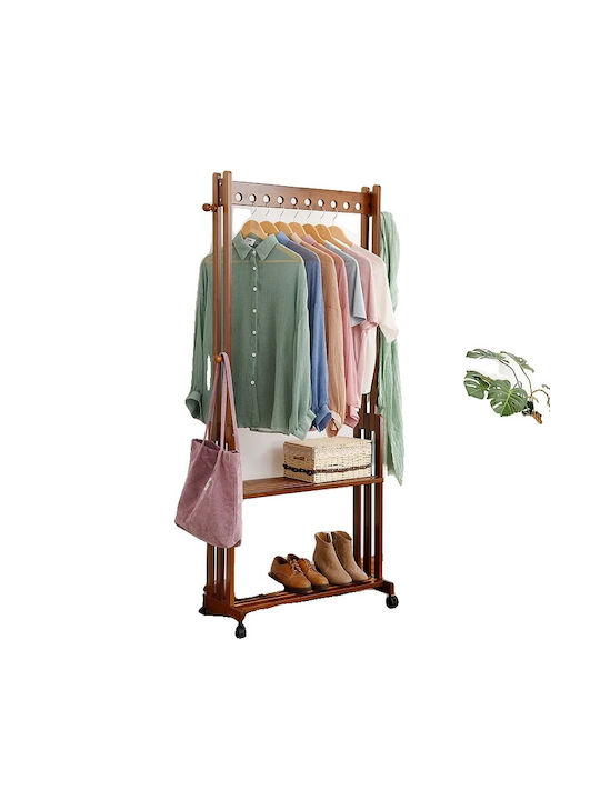 Wheeled Floor Garment Rack made of Wood Brown