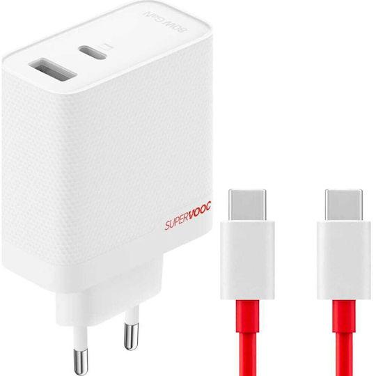 OnePlus Φορτιστής GaN με Θύρα USB-A και Θύρα USB-C και Καλώδιο USB-C - USB-C 80W Λευκός (SUPERVOOC)