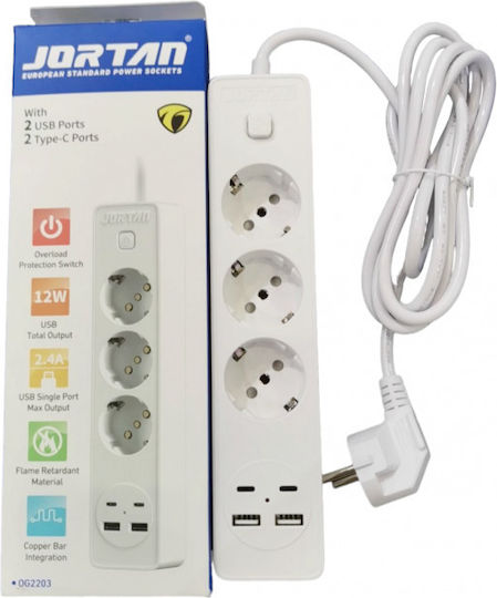 Jortan Πολύπριζο 3 Θέσεων με 2 USB-A, USB-C, Διακόπτη και Καλώδιο 2m