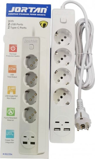 Jortan Πολύπριζο 4 Θέσεων με 2 USB-A, USB-C, Διακόπτη και Καλώδιο 2m