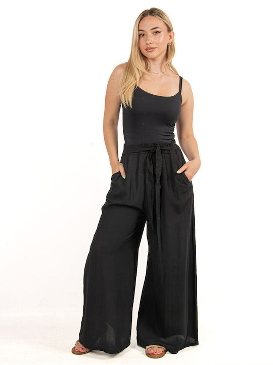 Linen Wide-Leg Trousers with Belt - Black