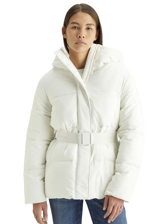 Calvin Klein Women's Long Puffer Jacket for Winter with Hood White