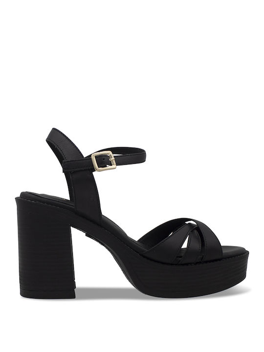 Tsouderos Shoes Piele Sandale dama cu Gros Toc Inalt in Culorea Negru