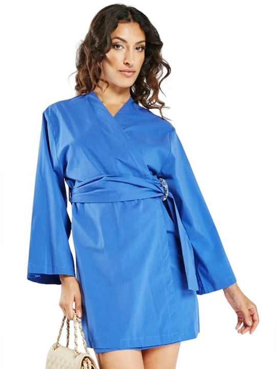 Women's Mini Wrap Dress Solid Blue L