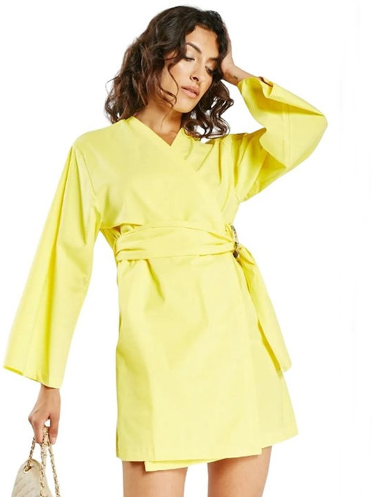 Women's Mini Wrap Solid Yellow Dress L