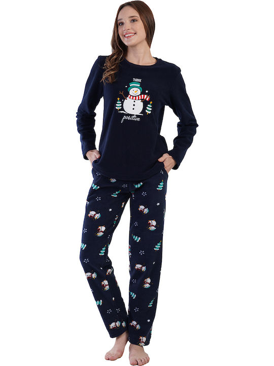Vienetta Women's Christmas Fleece Pyjamas "think Positive"-305001b Dark Blue
