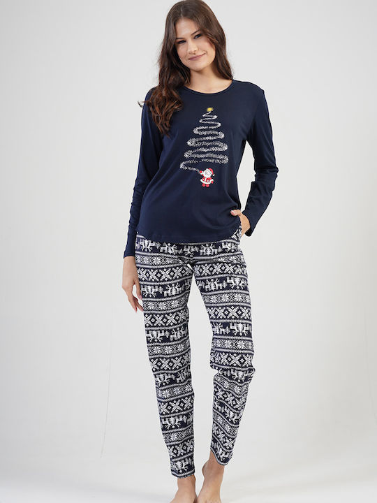 Vienetta Women's Christmas Cotton Pyjamas-204183 Navy Blue