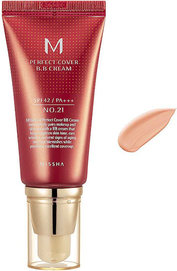 Missha M Perfect Cover BB 21 Light Beige 24ωρη Κρέμα Προσώπου Ημέρας με SPF42 για Ενυδάτωση, Αντιγήρανση & Ατέλειες με Υαλουρονικό Οξύ & Κολλαγόνο 50ml
