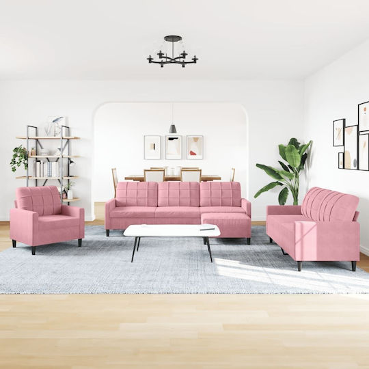 Living Room Furniture Set 3-Seater & 2-Seater & Armchair & Stool Pink