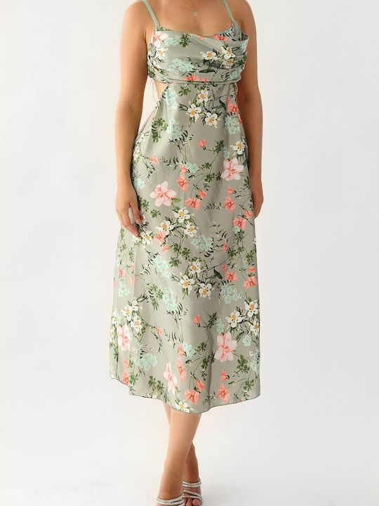 Irene Khaki Midi Blumenkleid mit Ausschnitten