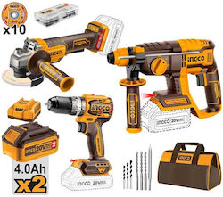 Ingco Set Angle Wheel & Impact Drill Driver & Hammer Brushless 20V with 2 Batteries 4Ah and Case