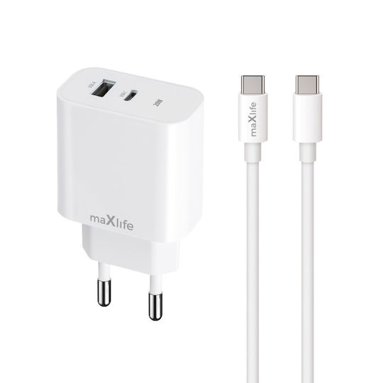 Maxlife с USB-A порт и USB-C порт и кабел USB-C - USB-C 20W Power Delivery Бял (MXTC-06-20AC)